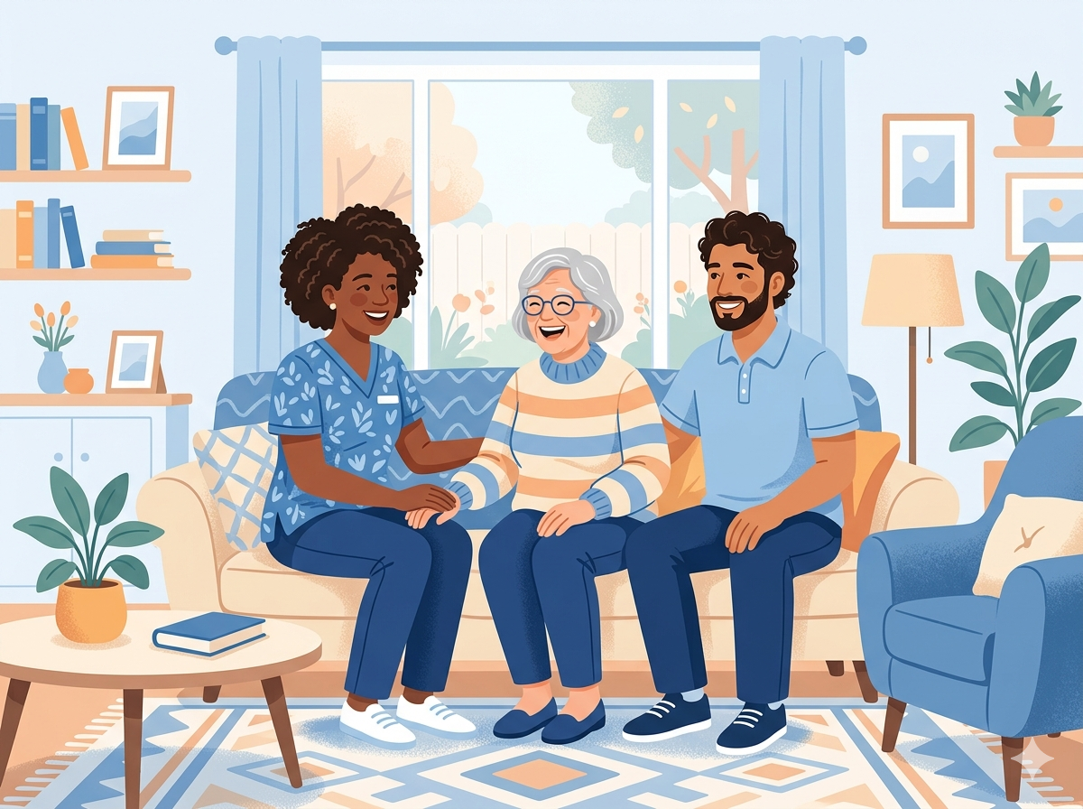 A support worker and two care recipients sitting together on a sofa in a warm home setting, smiling and engaged in conversation