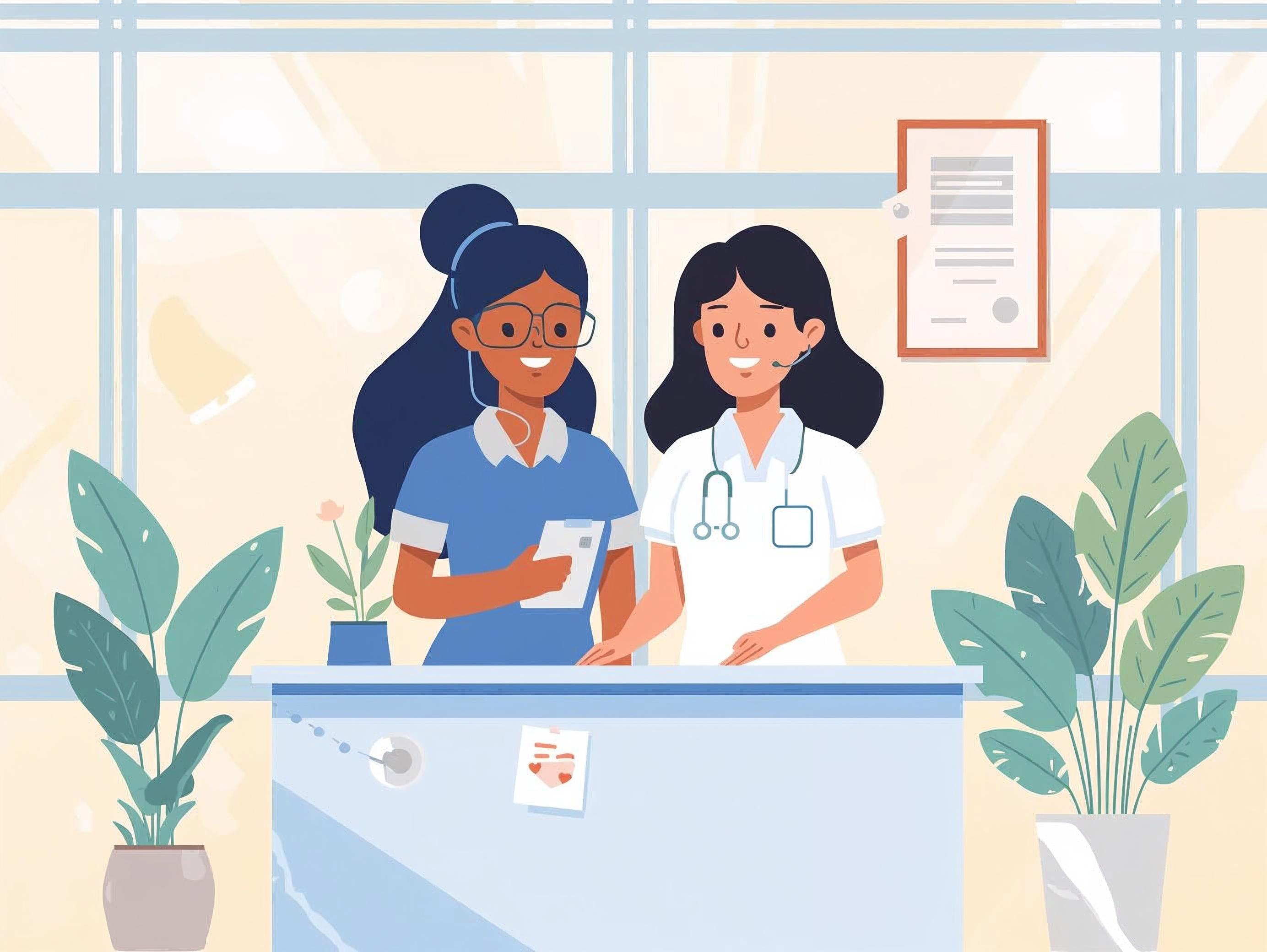 Two care professionals smiling at a reception desk in a bright, welcoming clinic with indoor plants and a framed certificate on the wall